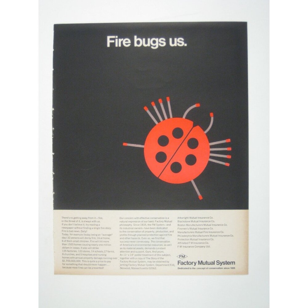 Fire Bugs Us Factory Mutual System Fire Safety Print Advertisement Vintage 1966